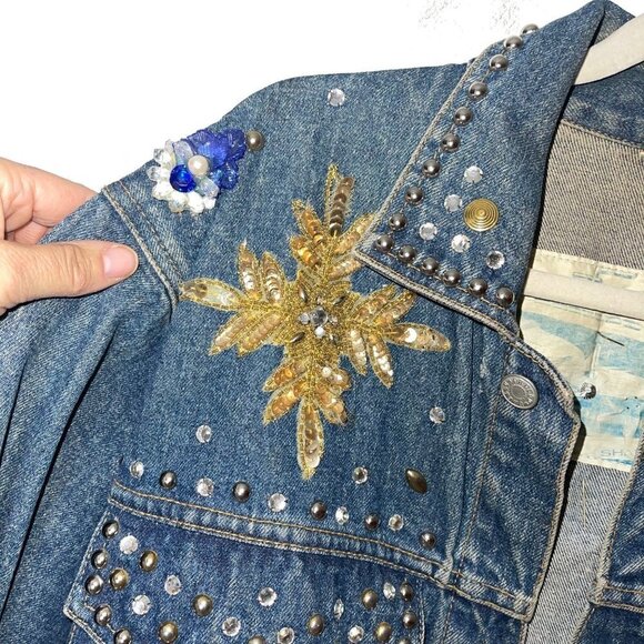 Vintage Freego Womens Denim Jacket Blue Size Medium Embellished Button Cotton - Picture 3 of 16